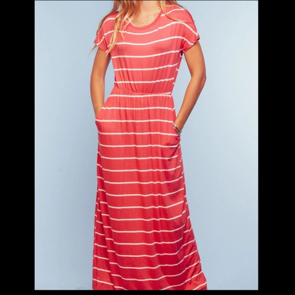 Coral striped maxi pocket dress